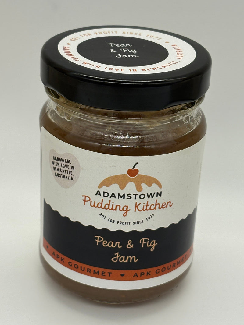 Jar of Adamstown Pudding Kitchen pear and fig jam on a white background