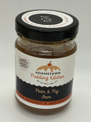 Jar of Adamstown Pudding Kitchen pear and fig jam on a white background